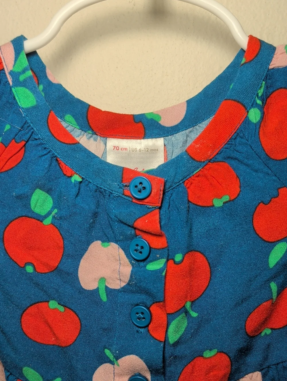 Hanna Andersson Apple Print Woven Dress Blue Red Long Sleeve Baby Girl 6-12M